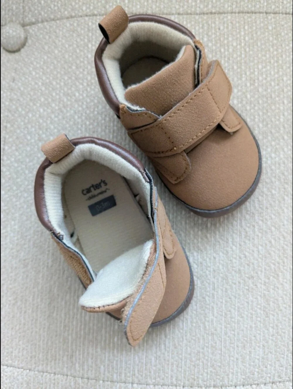 Carter's baby 0 to 3 months shoes, brown soft sole velcro closure padded back